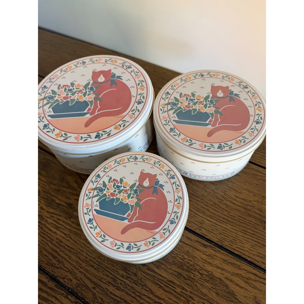 Vintage Cat Nesting Tins Set 3 Cream Floral Folk Art 1988 T. Burris Stacking